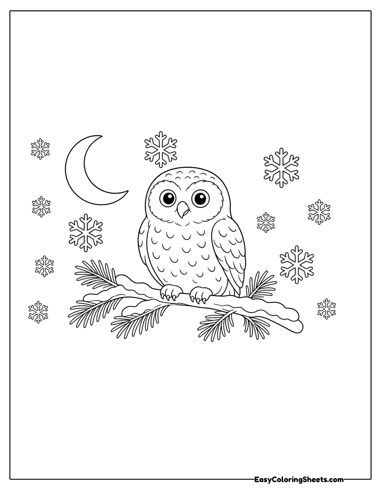 Snowy owl perched on a pine branch