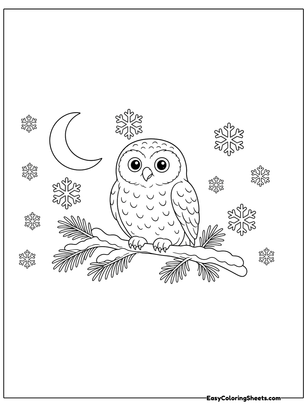 A snowy owl with big round eyes and speckled feathers sits on a pine branch while snowflakes and a crescent moon fill the.