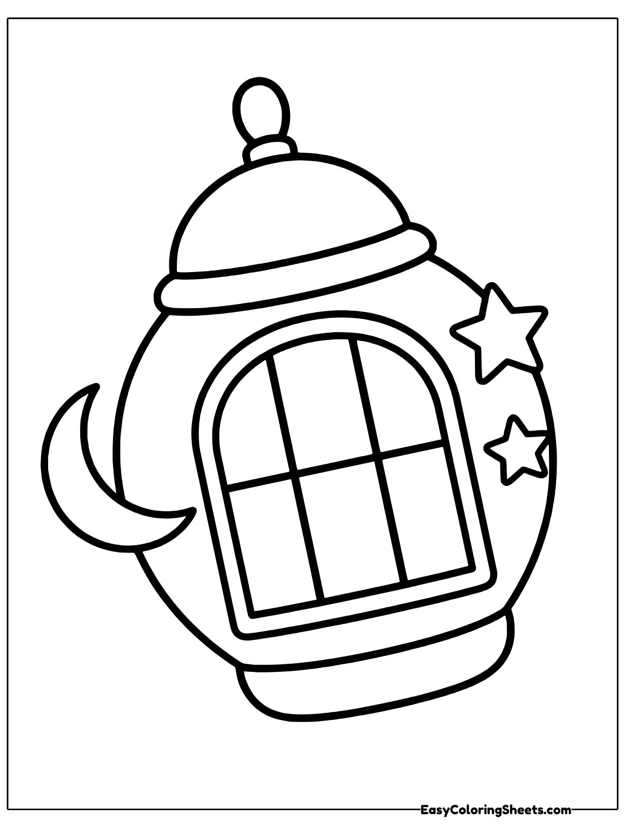 A plump round lantern with a domed cap and a big arched window is decorated with a crescent moon on one side and two stars.
