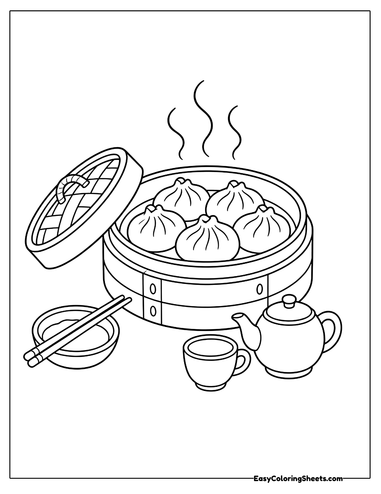 Dumplings in a bamboo steamer with a teapot