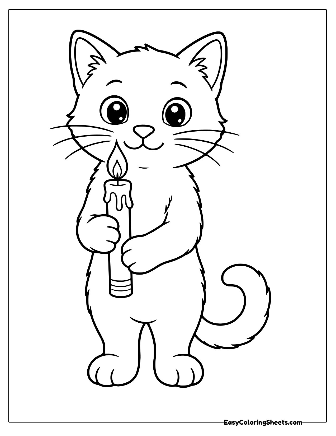 Fluffy kitten standing upright and holding a lit dripping candle