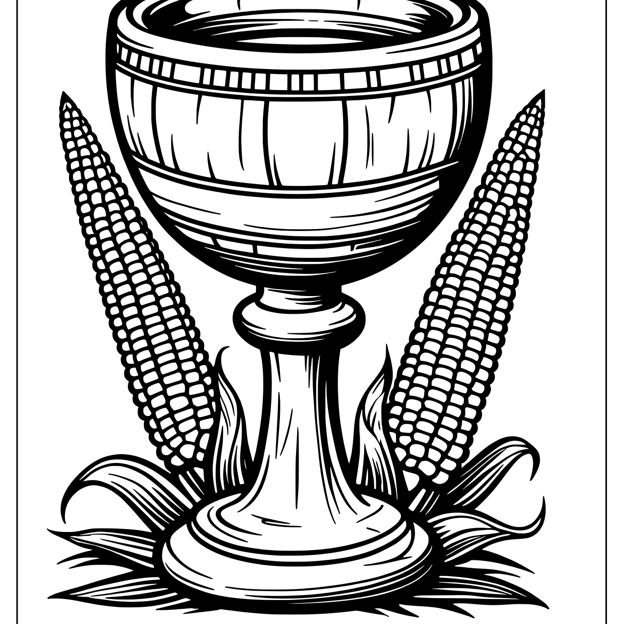 Carved wooden unity cup standing between two ears of corn on leaves