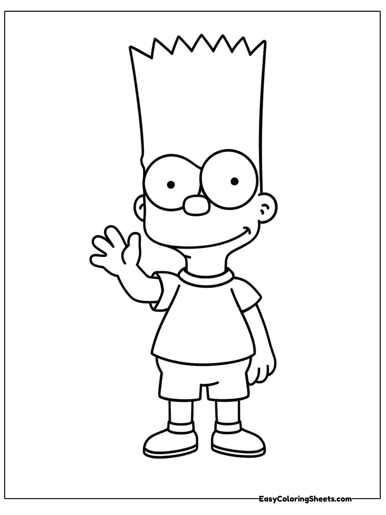 A spiky-haired boy in a shirt and shorts waves hello.