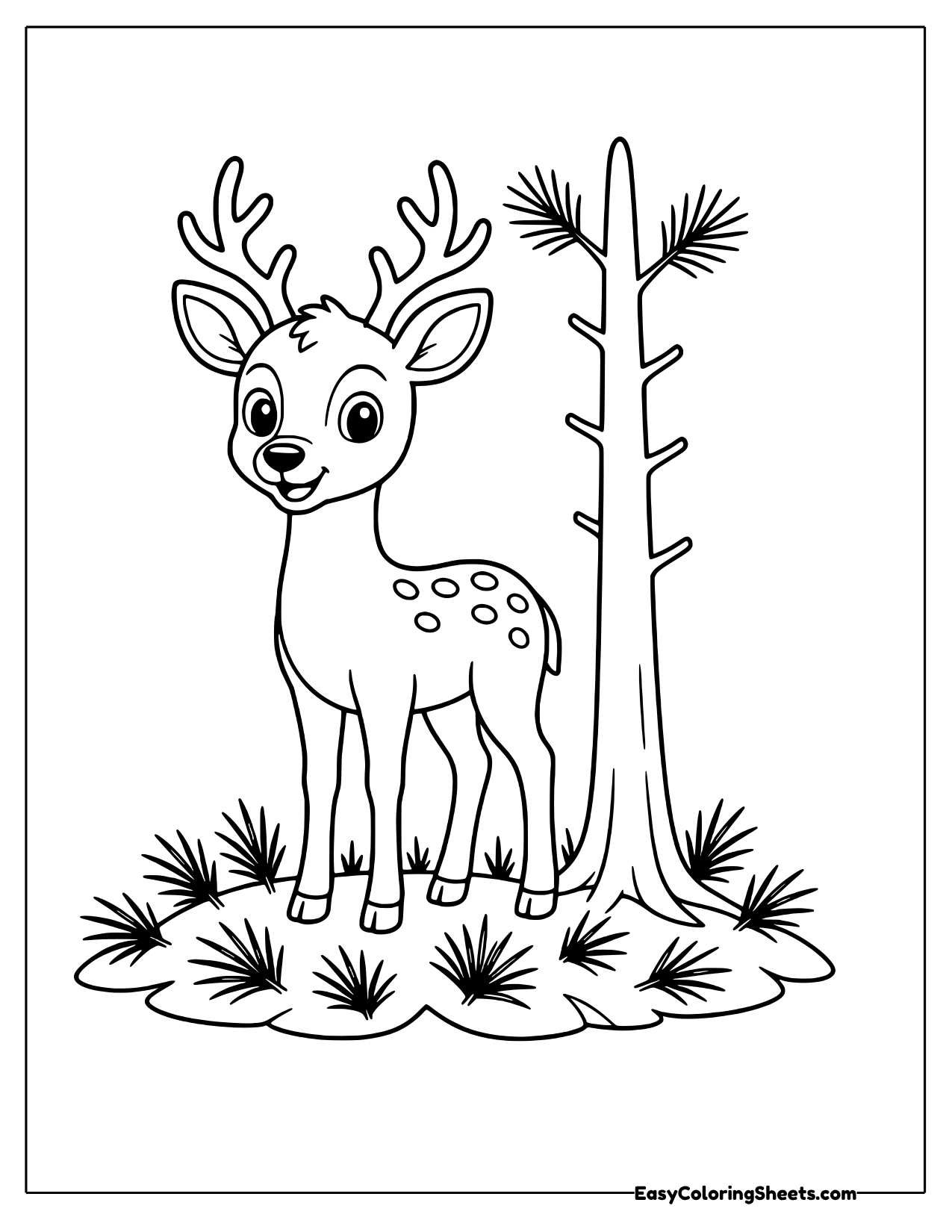 Deer standing beside a tall pine