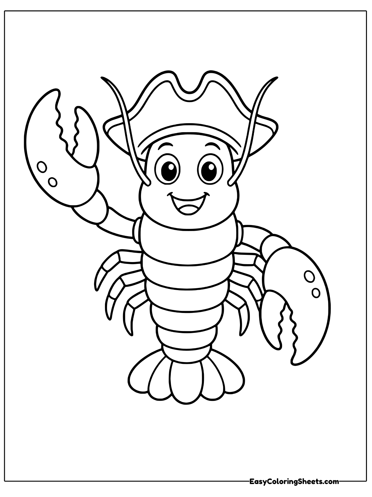 A grinning lobster stands upright wearing a pirate hat, with claws spread wide as if ready for adventure.