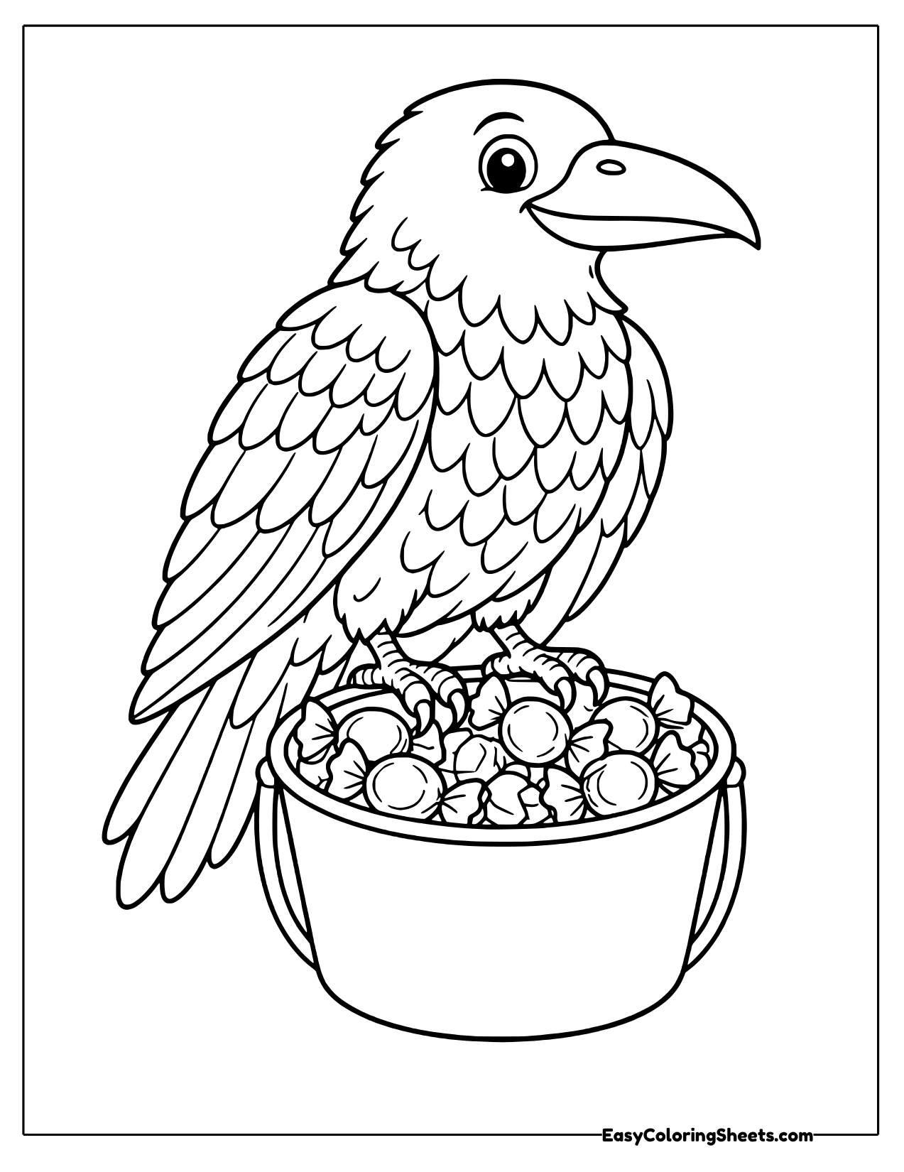 Raven perched on a bucket of candy