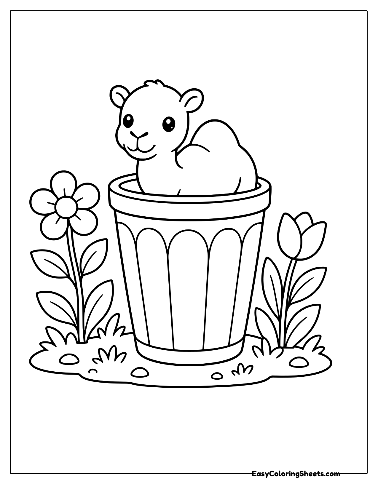 A camel sits snugly inside a large striped flower pot with flowers and tulips growing on each side.