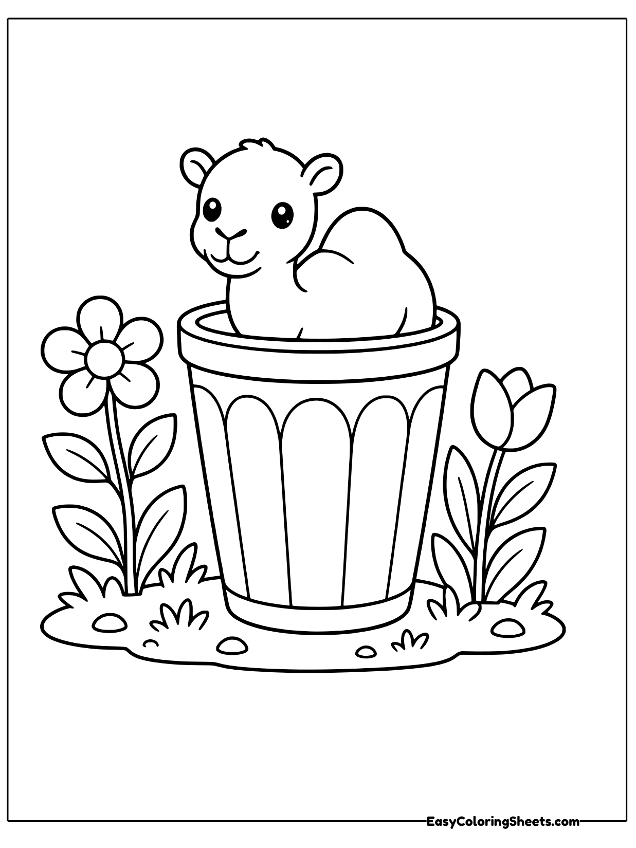 A camel sits snugly inside a large striped flower pot with flowers and tulips growing on each side.