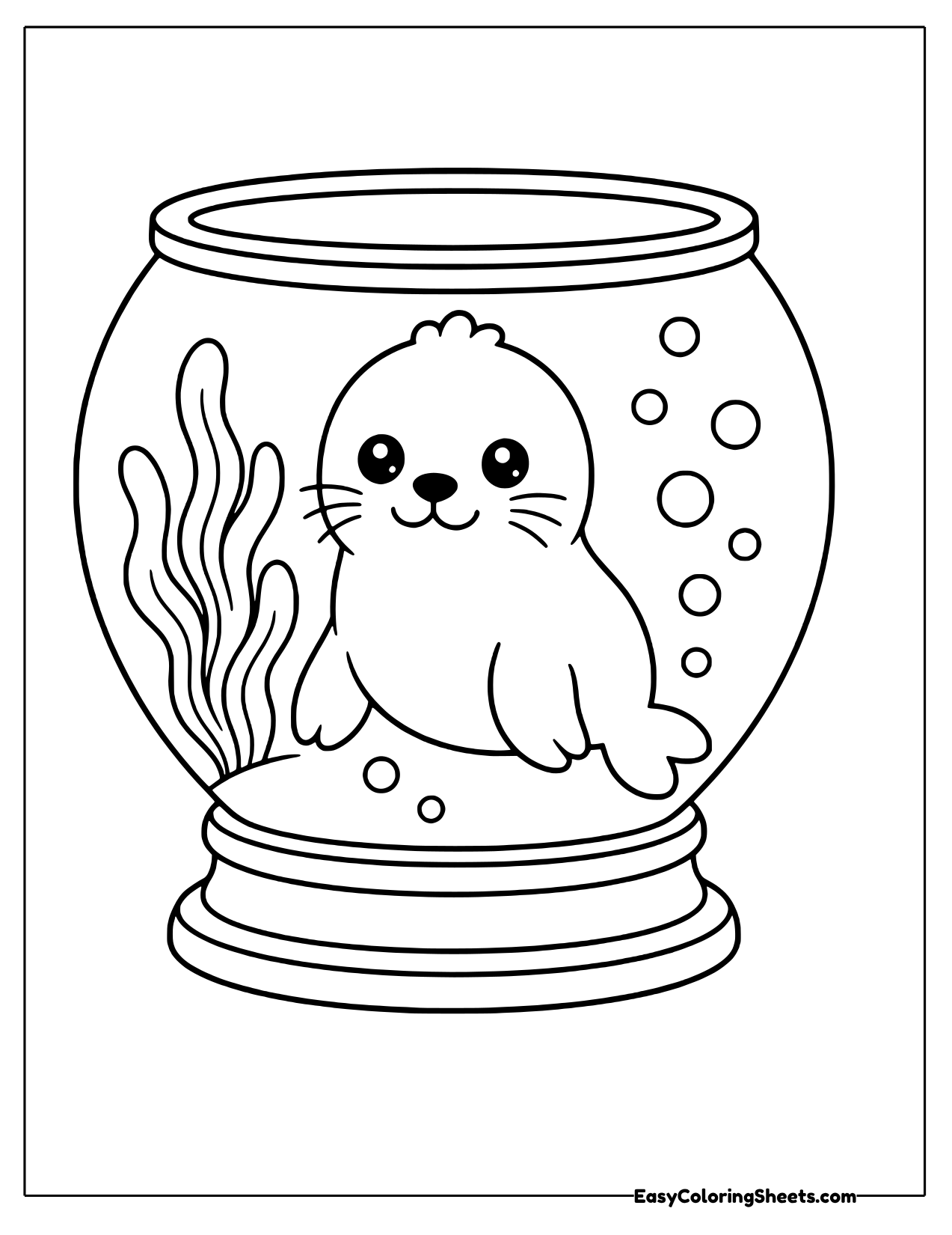 Seal inside a round fishbowl with seaweed and bubbles