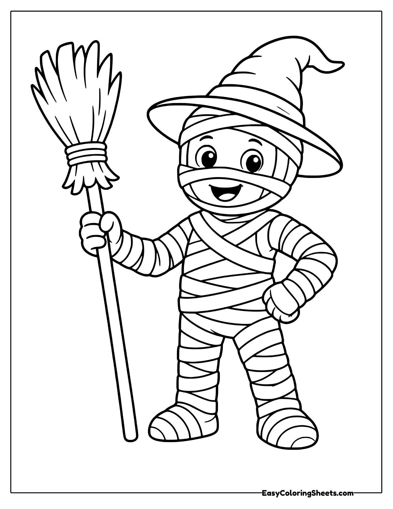 Mummy in a witch hat with a broom