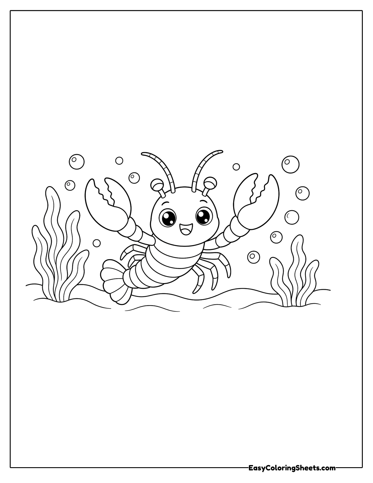 Small lobster on the seafloor with seaweed