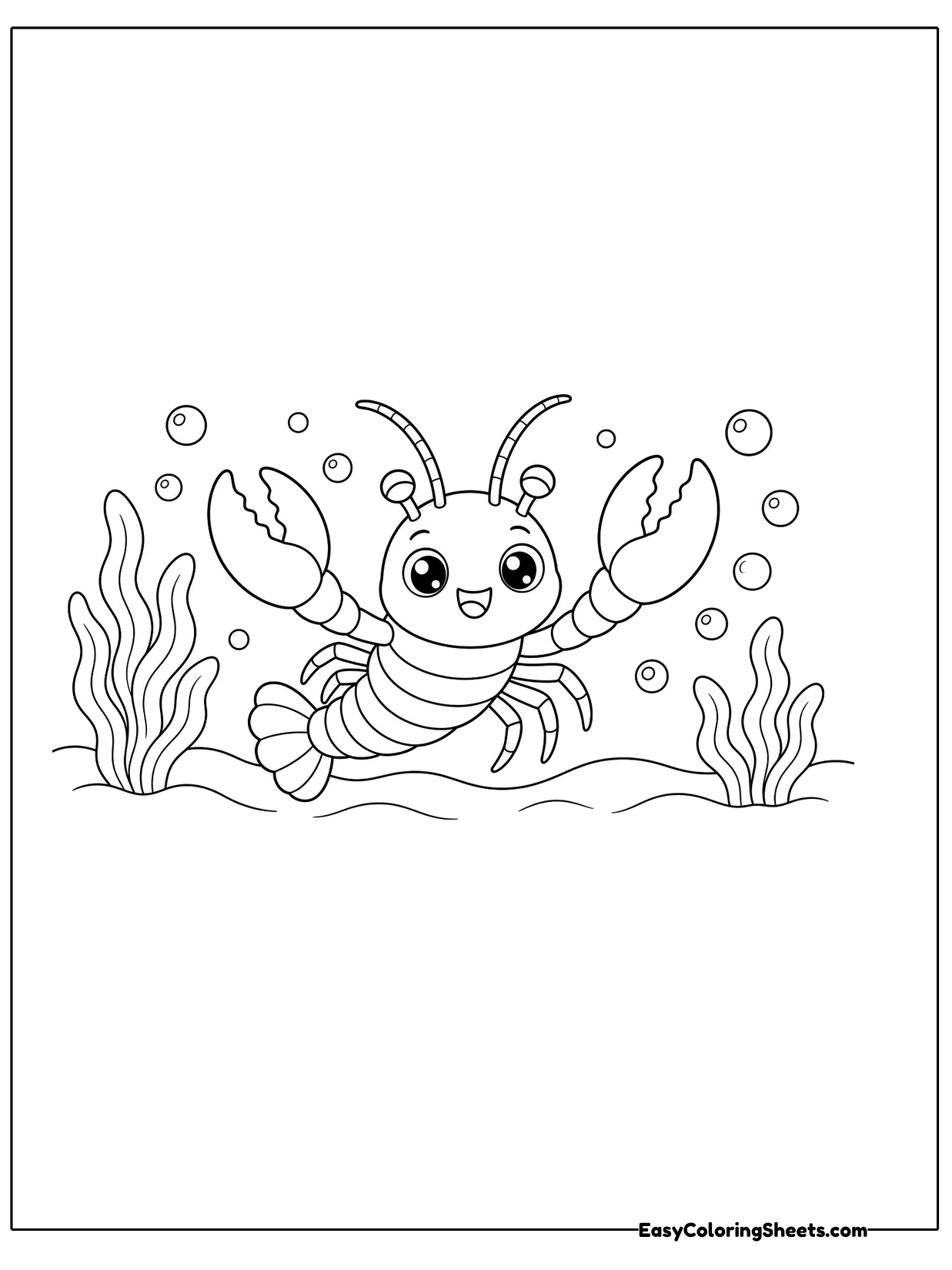 A little lobster sits on the ocean floor surrounded by wavy seaweed, pebbles and rising bubbles.