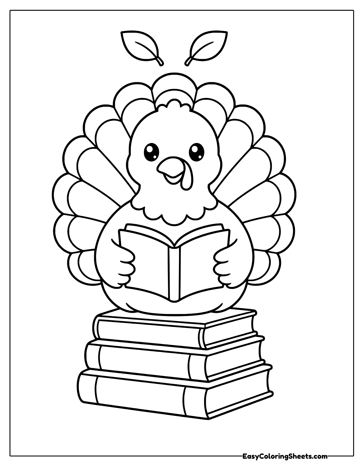 A happy turkey sits on a stack of three thick books and reads an open book held in its wings.