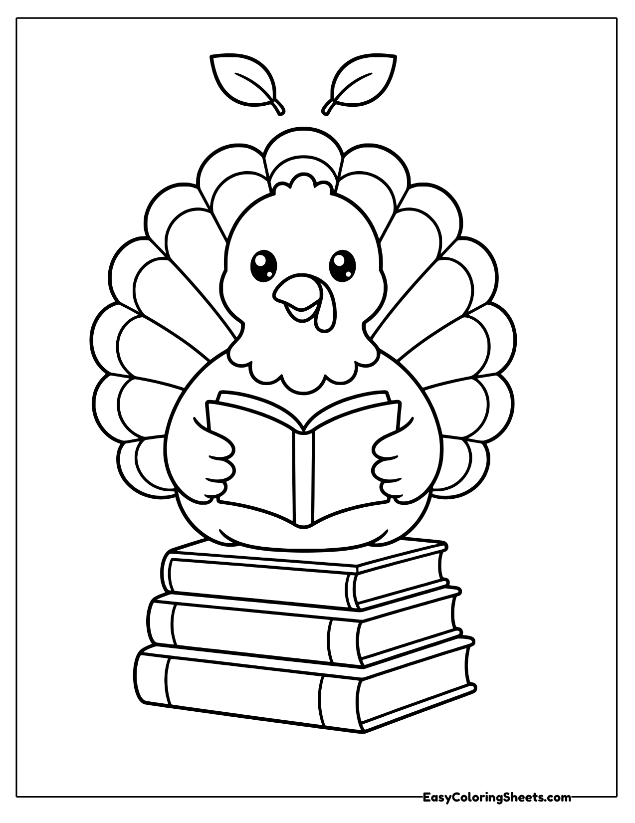 Turkey reading an open book while sitting on a stack of books