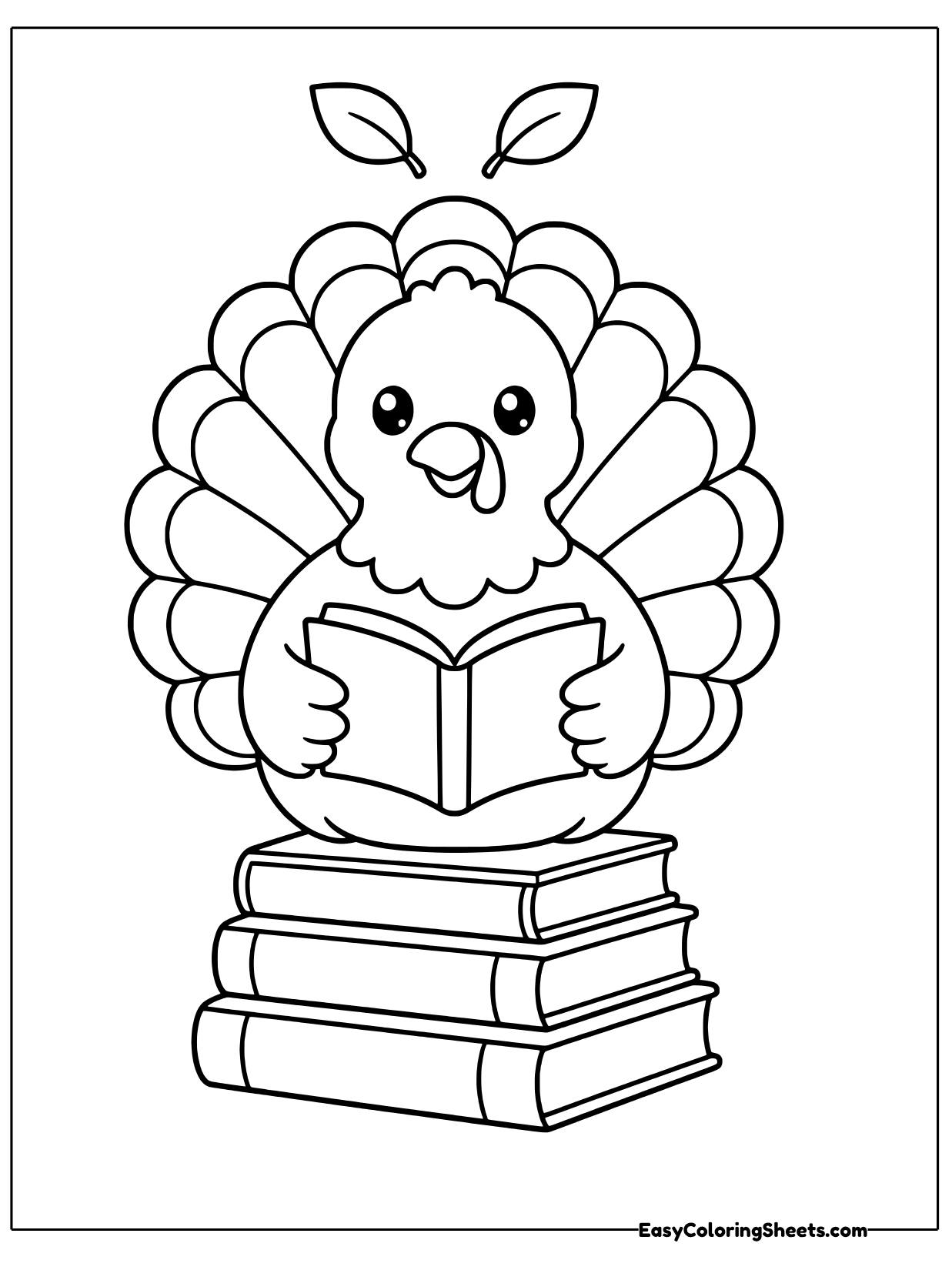 A happy turkey sits on a stack of three thick books and reads an open book held in its wings.