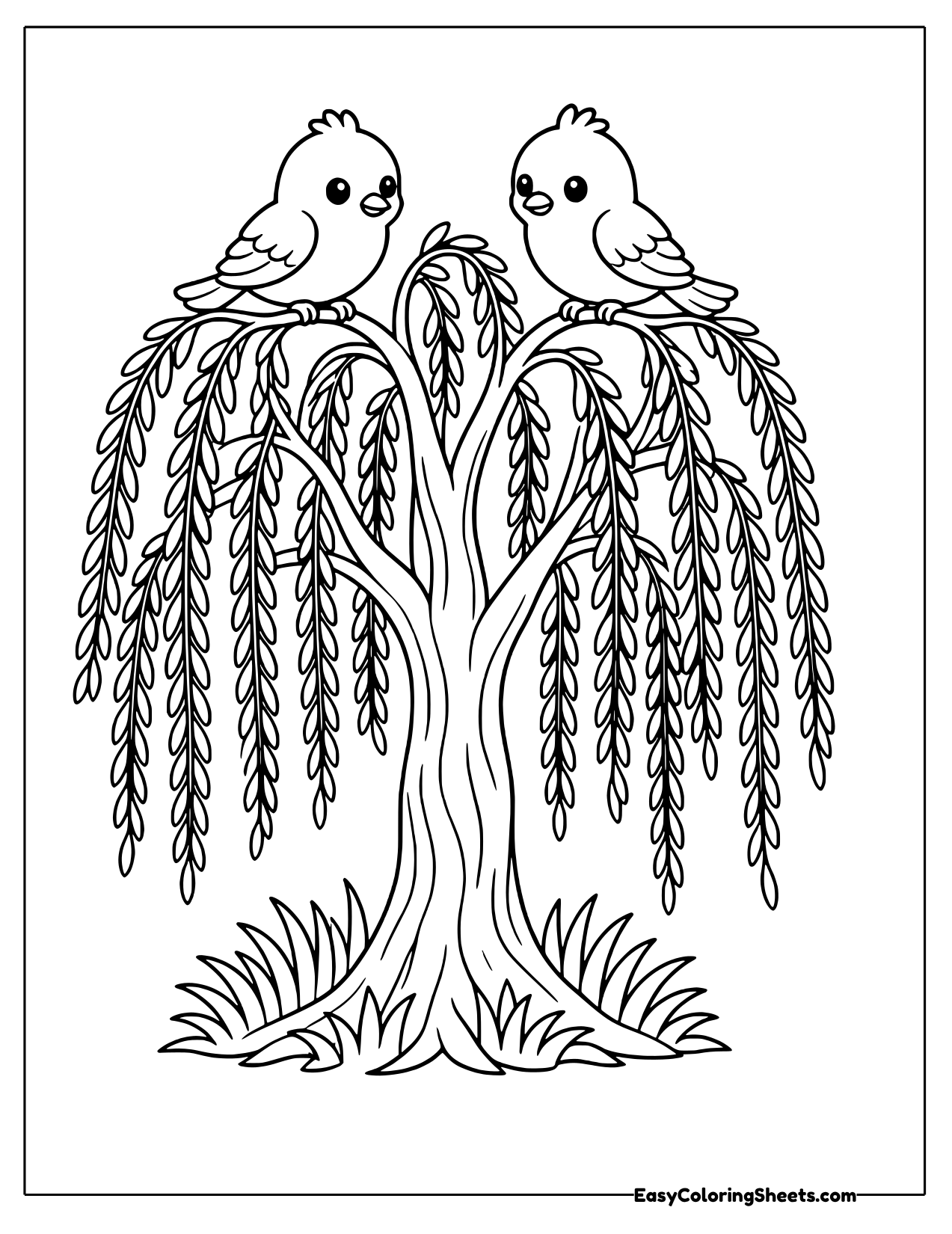 Weeping willow with two birds on top