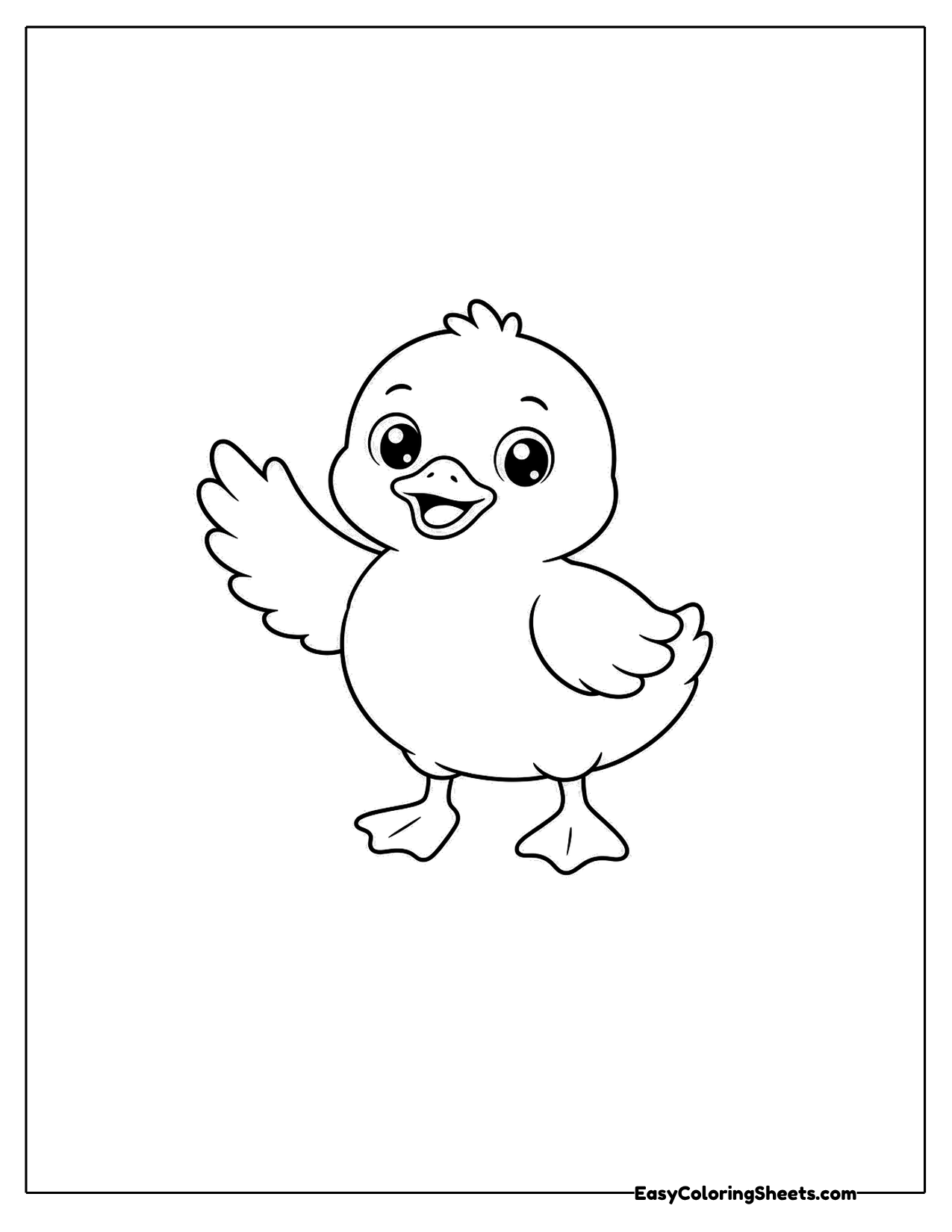 A friendly duck lifts one wing in a wave while standing on its webbed feet.