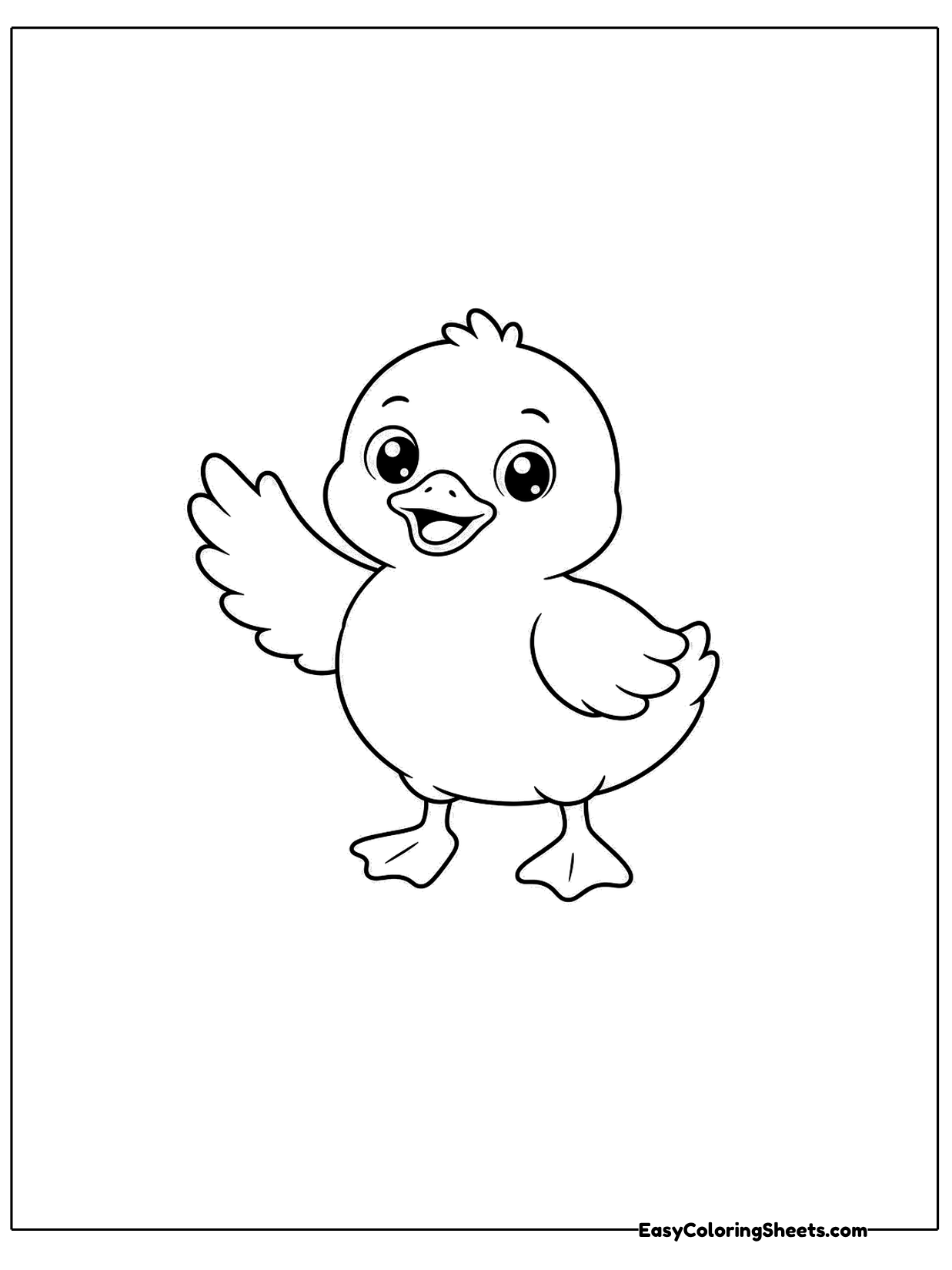 A friendly duck lifts one wing in a wave while standing on its webbed feet.