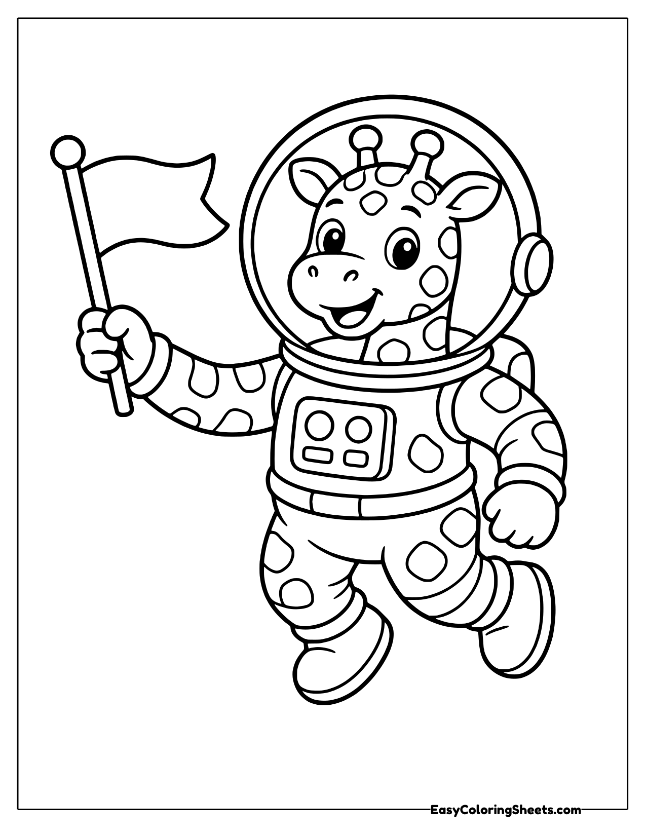 A brave giraffe astronaut bounces along in a puffy space suit and round helmet, planting a flag as if it just landed on the.