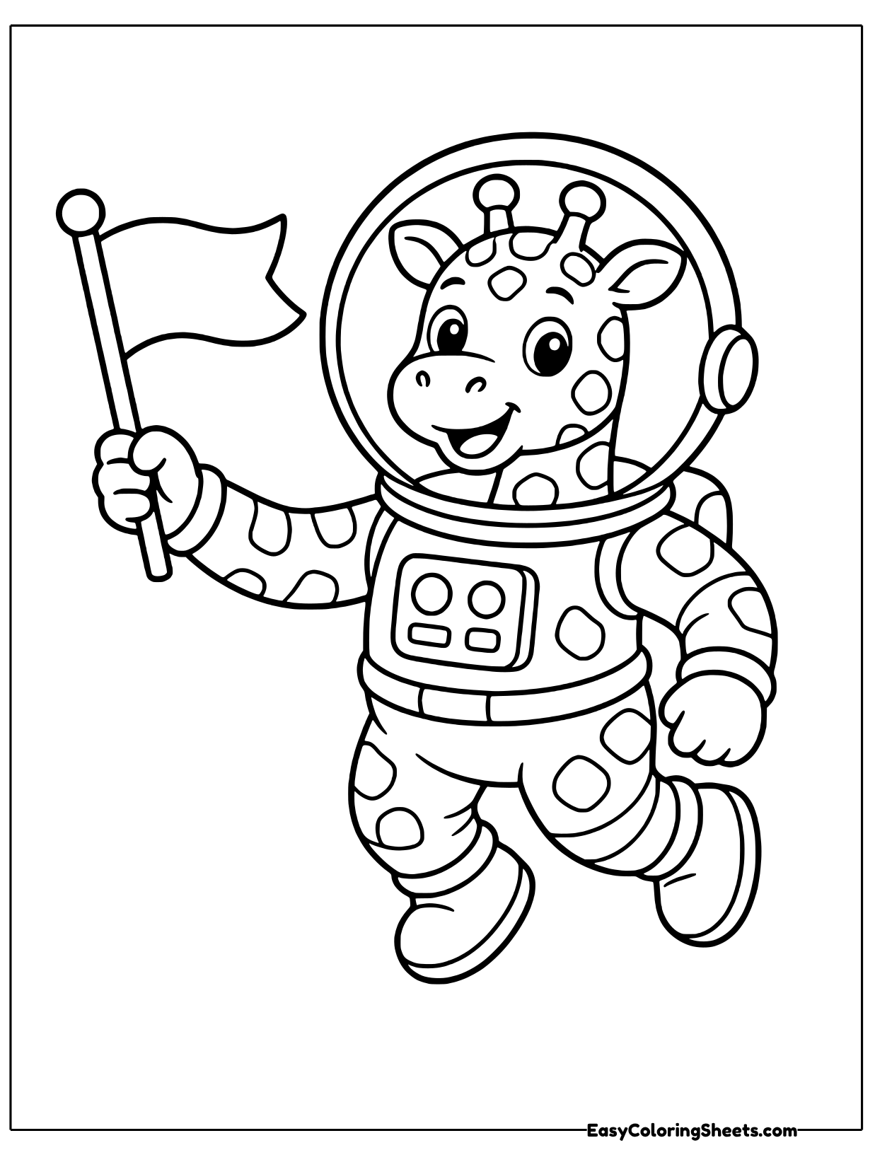A brave giraffe astronaut bounces along in a puffy space suit and round helmet, planting a flag as if it just landed on the.