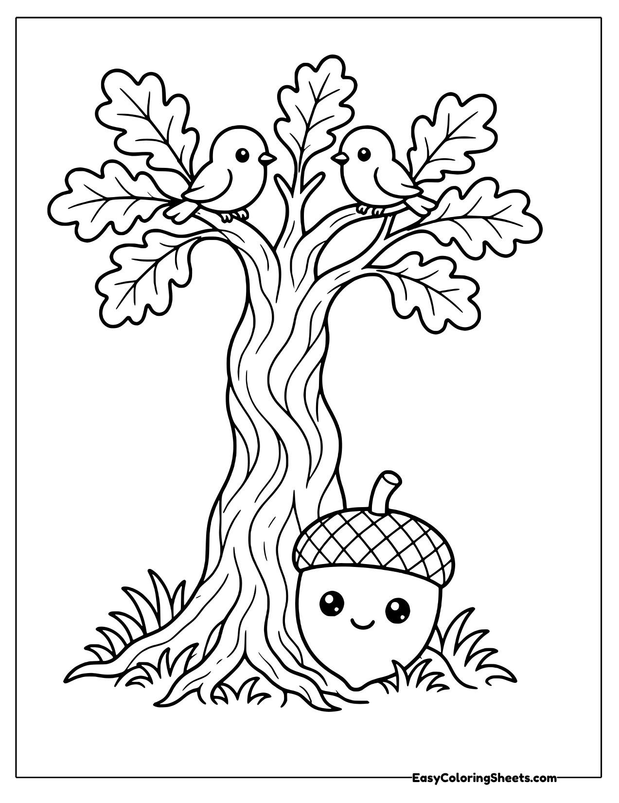 Smiling acorn under a tall oak tree