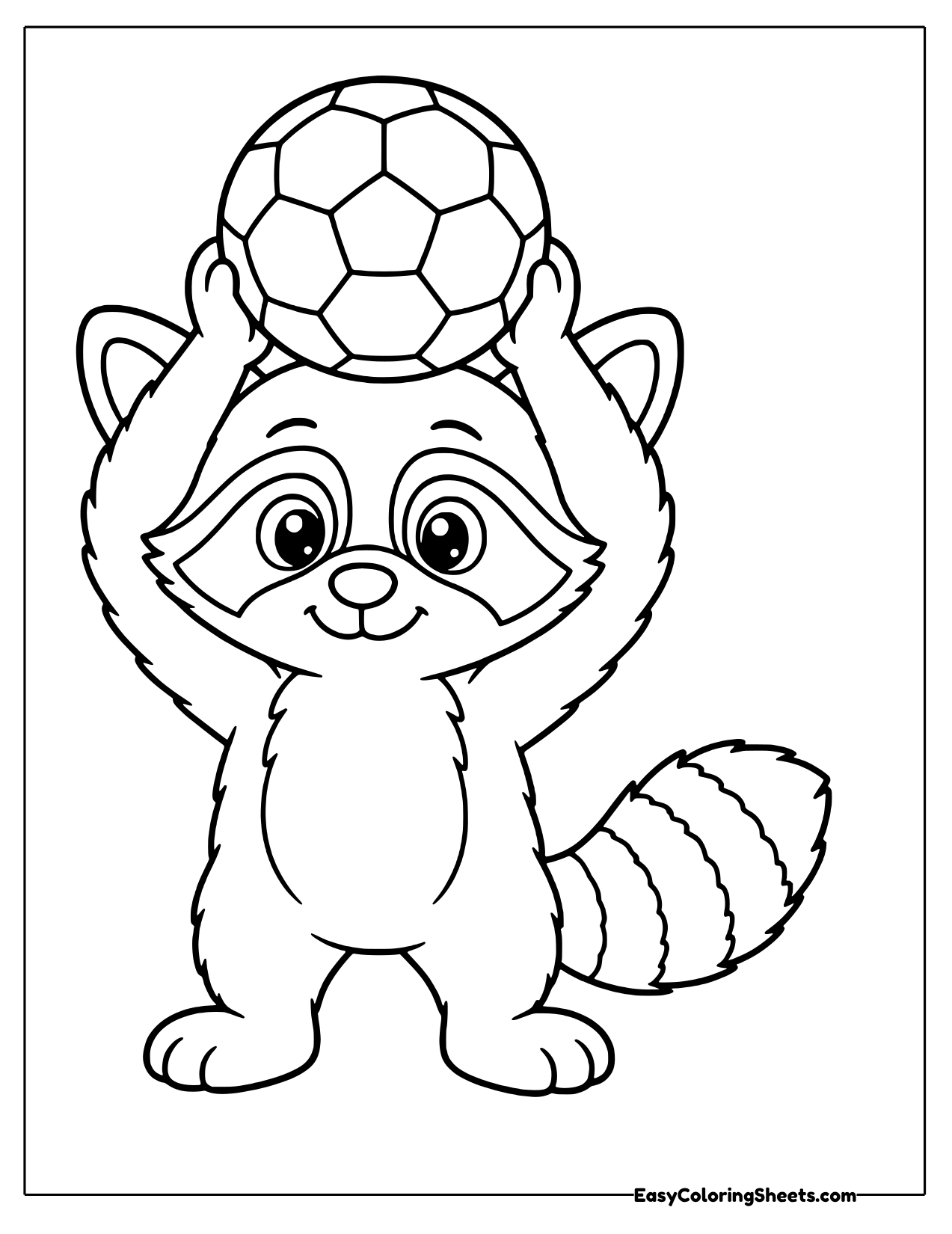 Friendly raccoon lifting a soccer ball above its head
