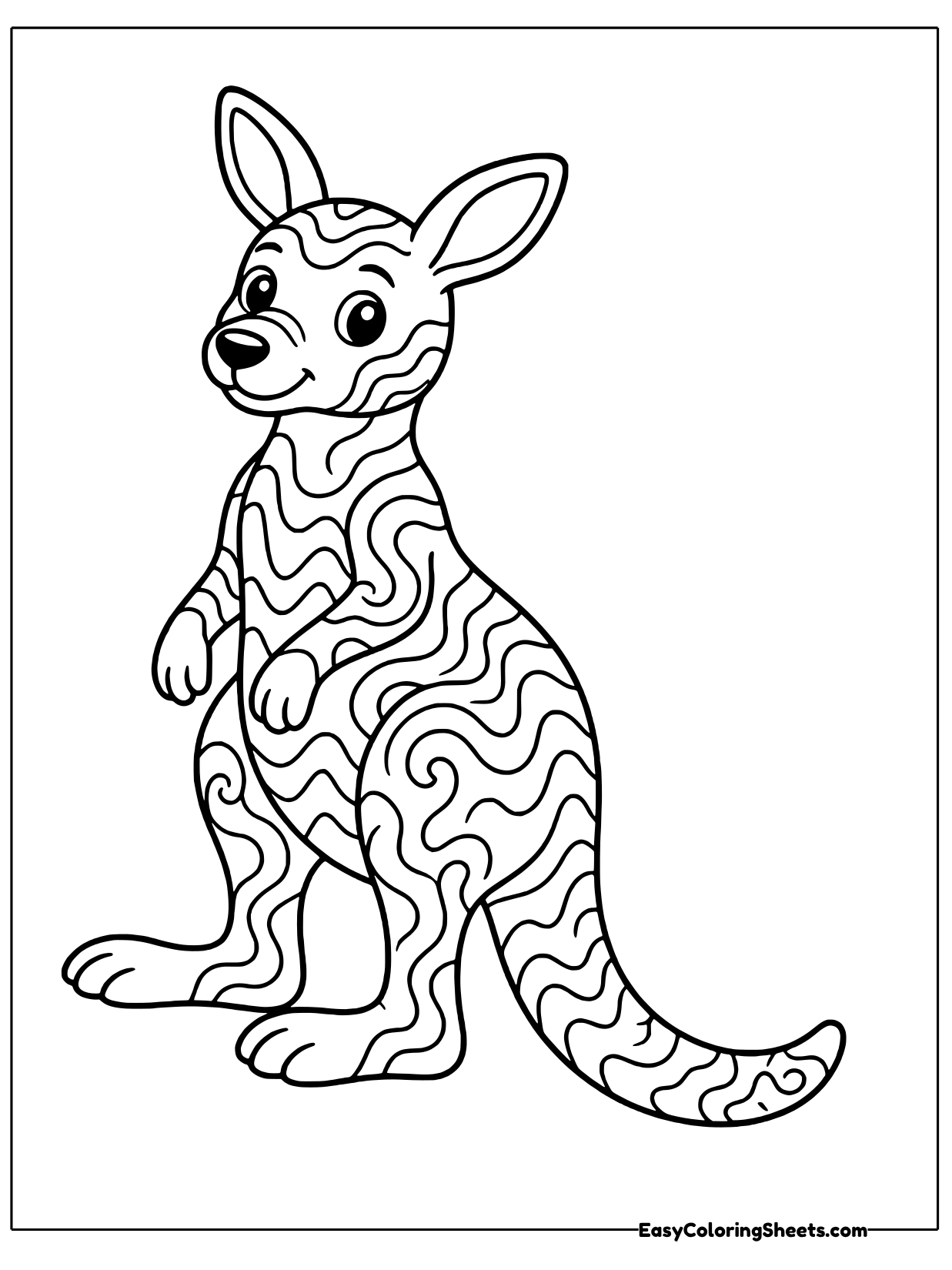 A standing kangaroo is filled from ears to tail with bold wavy stripes and groovy swirls.