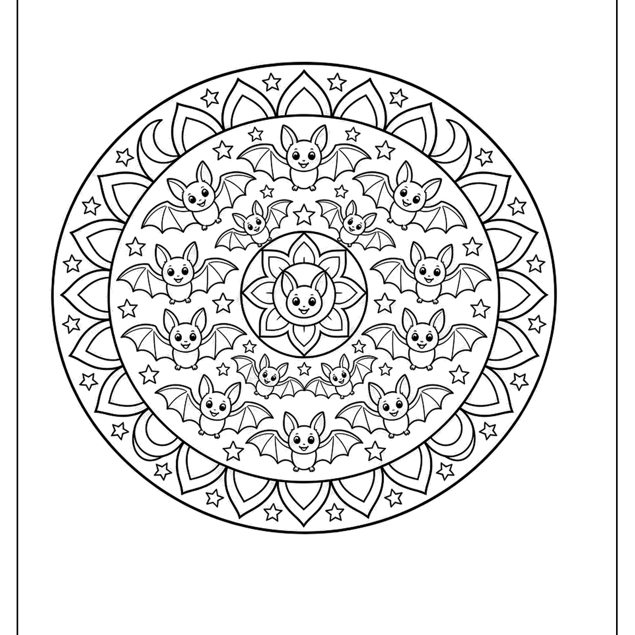 Round bat mandala with layered rings of patterns