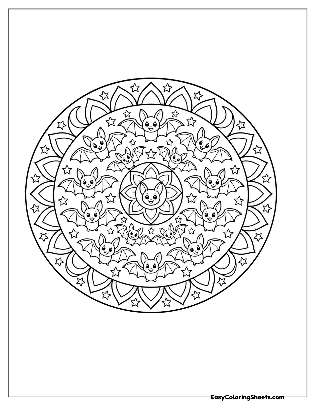 Round bat mandala with layered rings of patterns