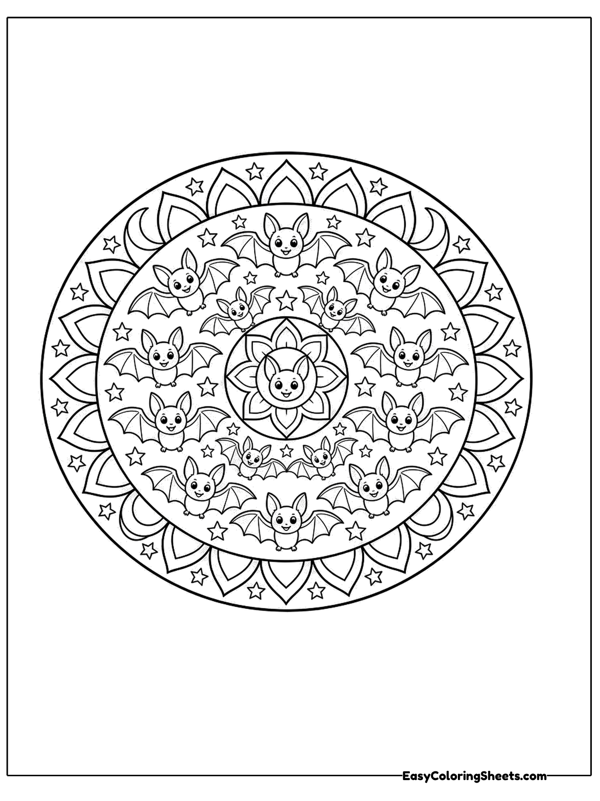 A round mandala fills the page with rings of intricate patterns, with small bat shapes woven among petals and swirls.