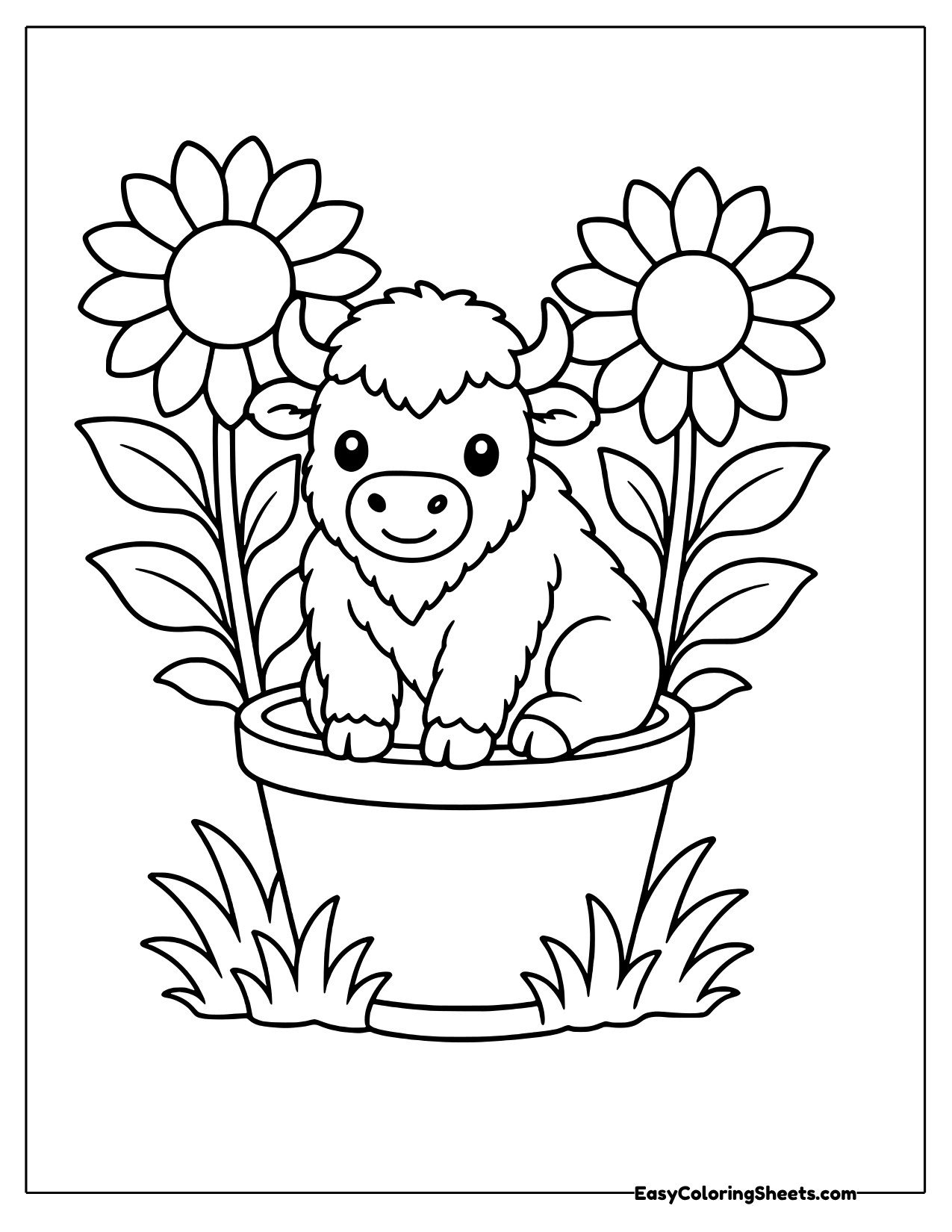 Bison sitting in a flower pot with sunflowers