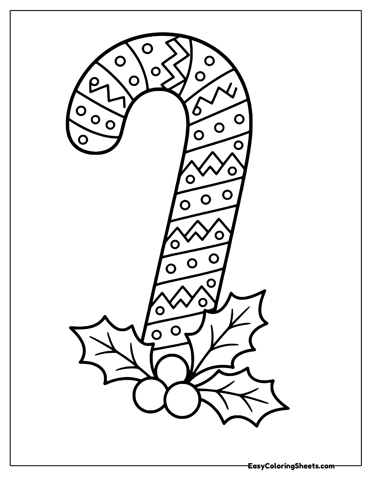 Patterned candy cane with holly at its base