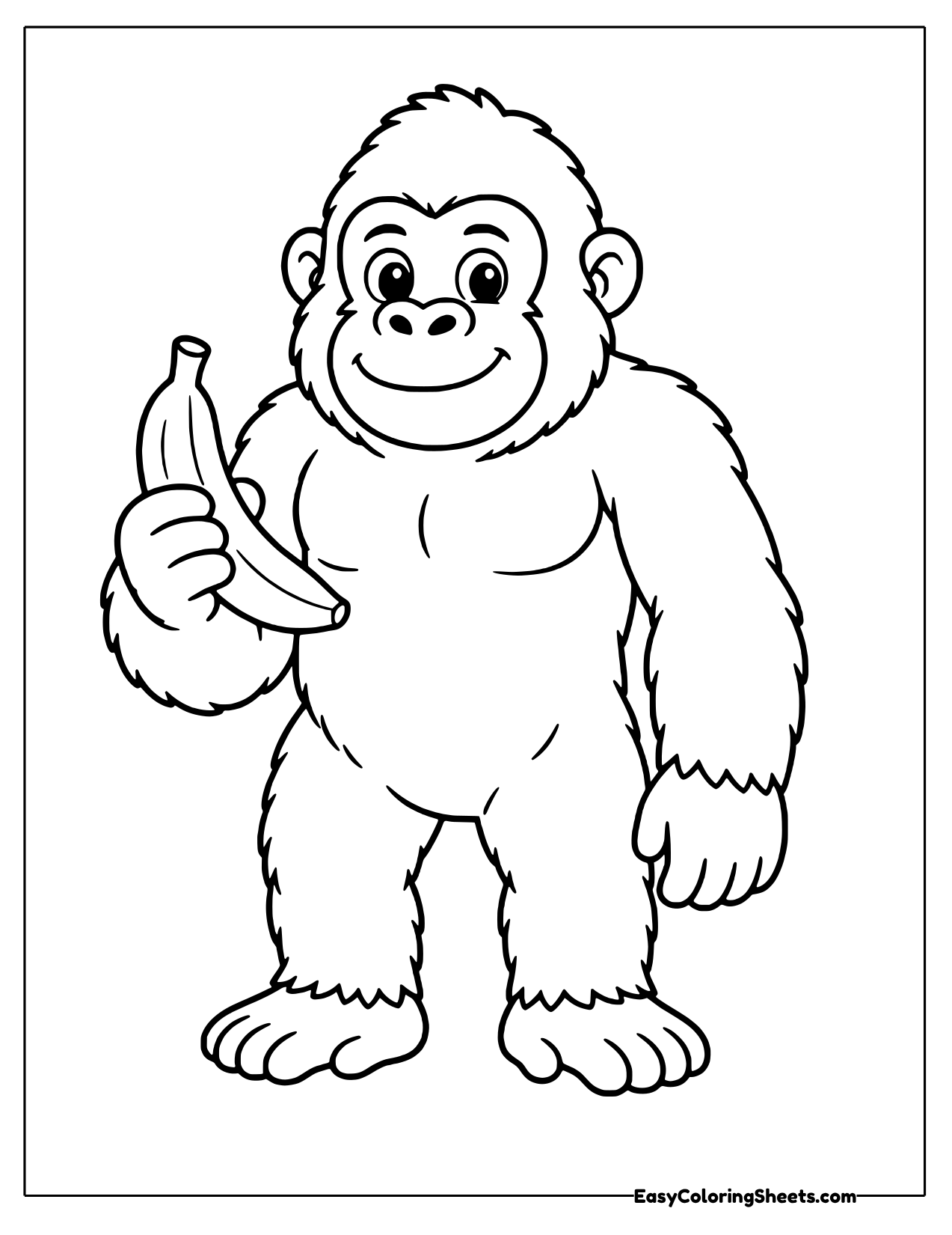 Standing gorilla holding up a single banana