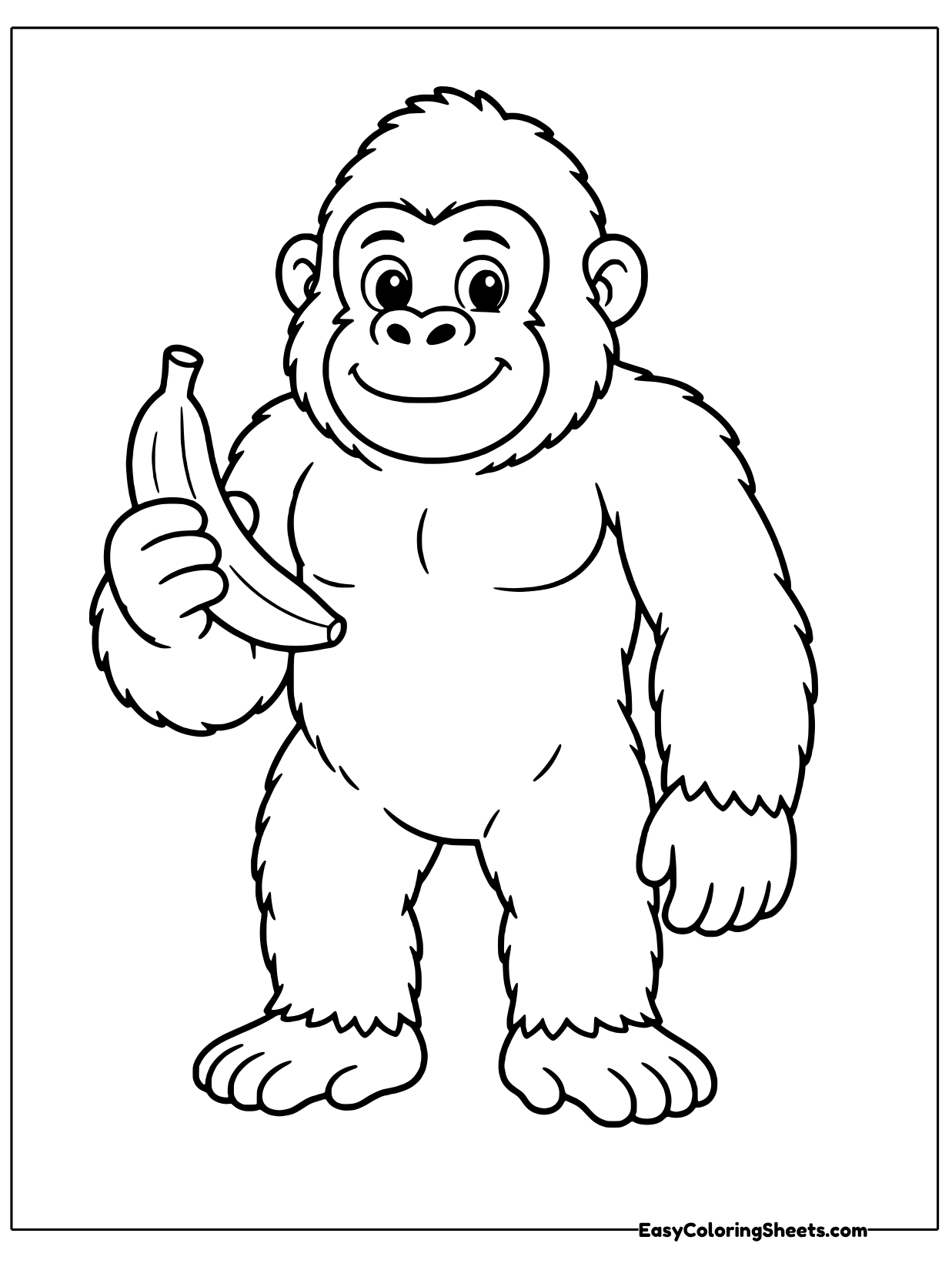 This upright gorilla holds a peeled banana in one hand and grins at the viewer.