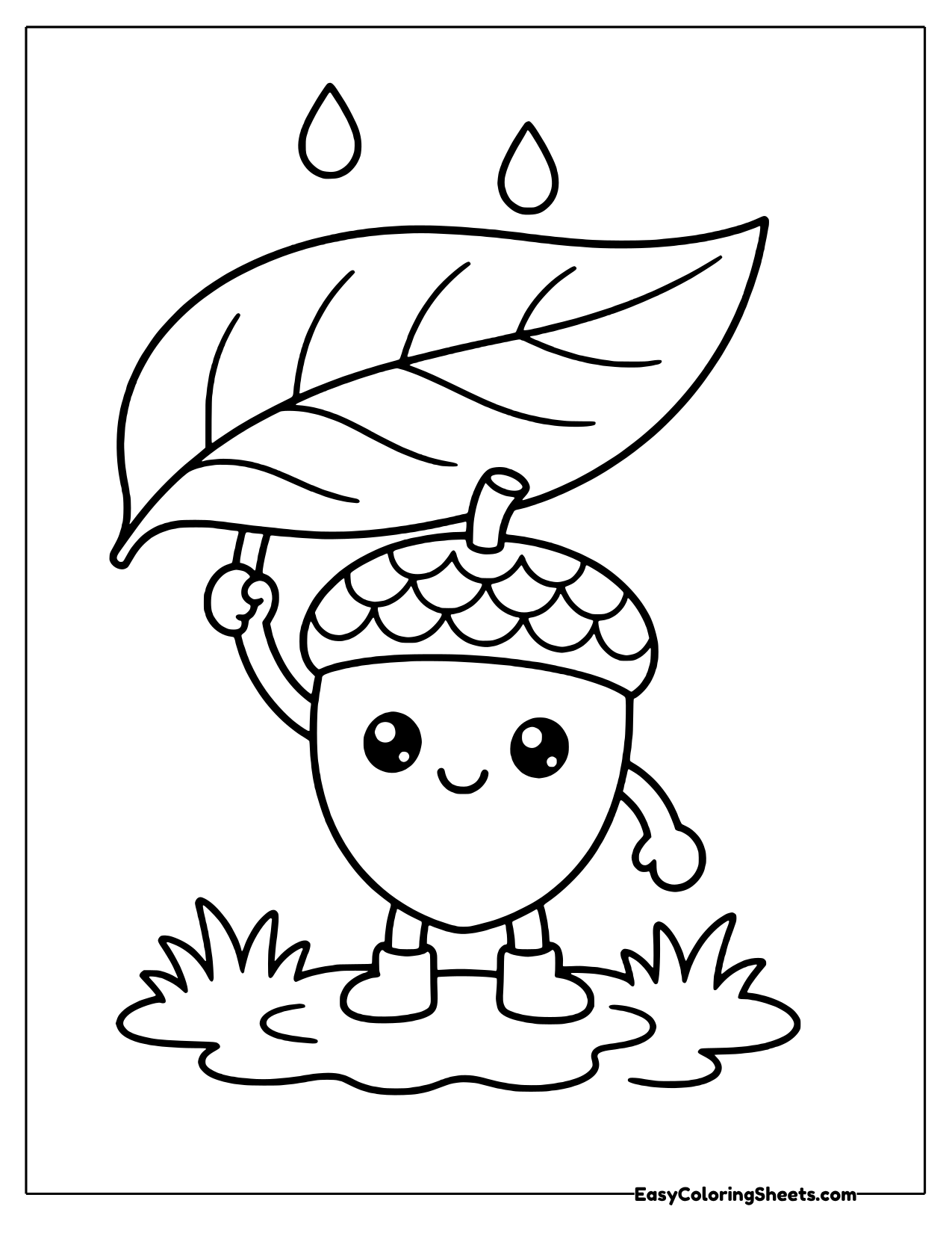 Acorn character holding a leaf umbrella in the rain