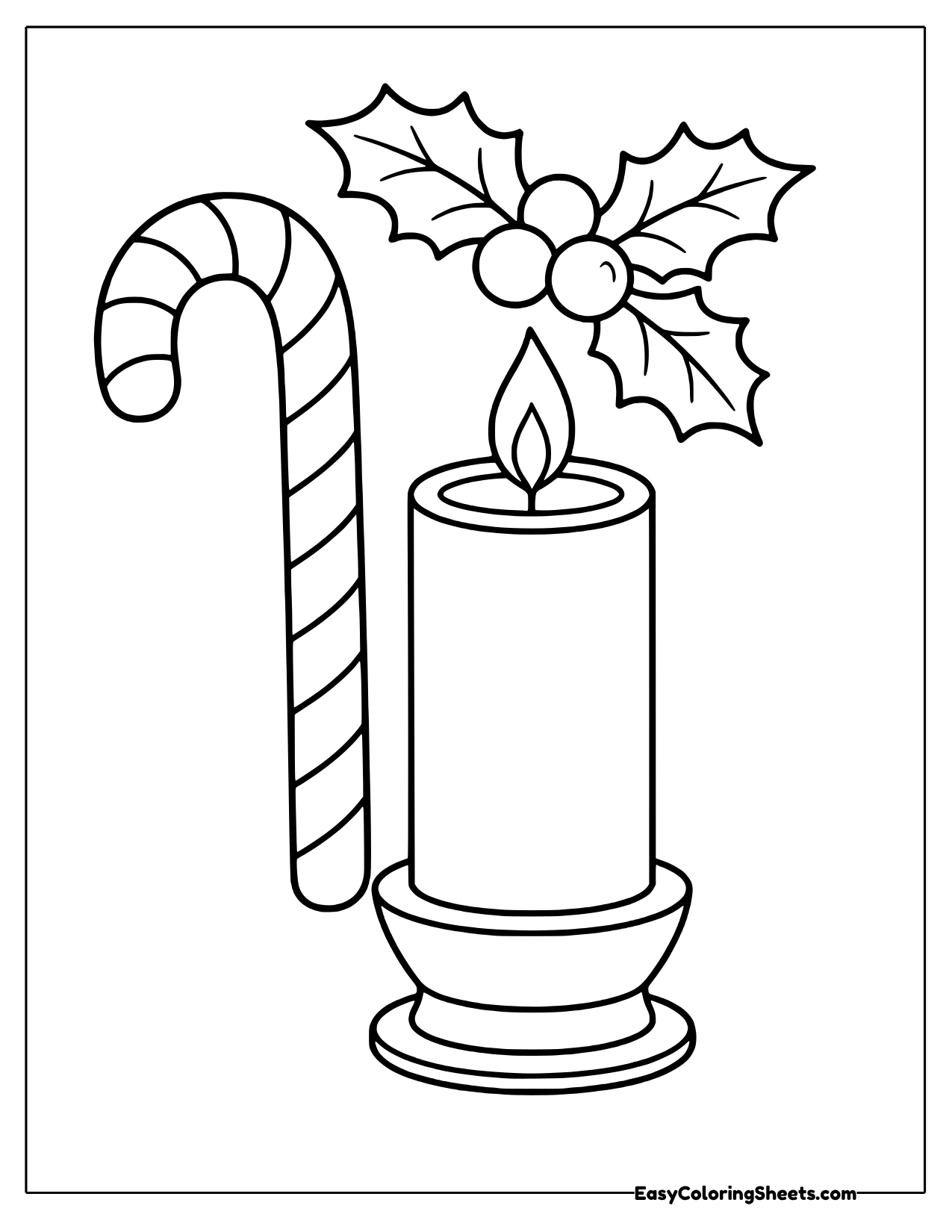Candy cane beside a lit candle and holly