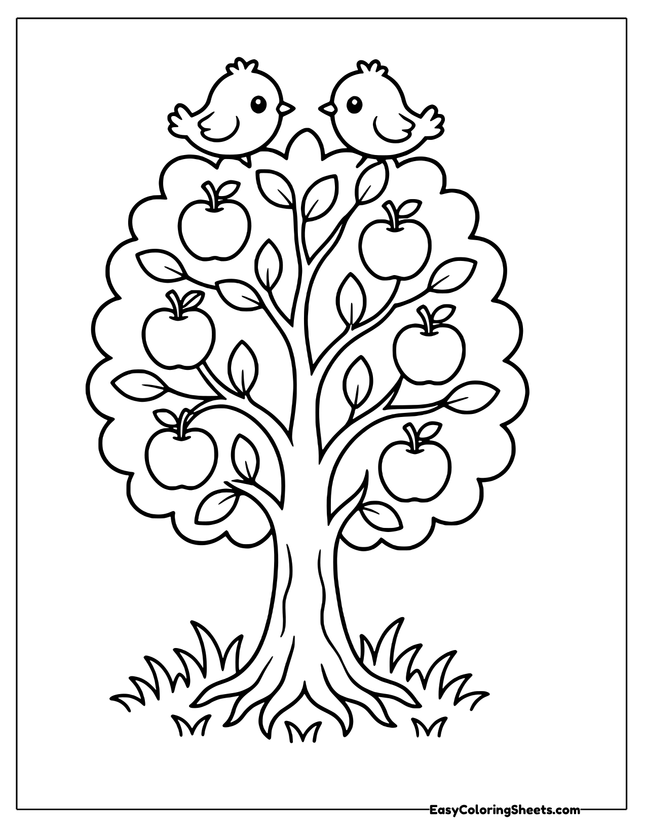 Apple tree full of fruit with birds on top