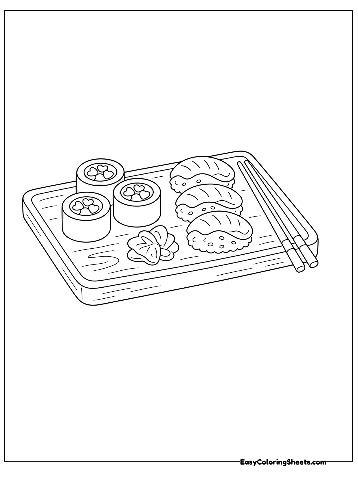 A wooden board holds sushi rolls and nigiri pieces in neat rows, with chopsticks resting alongside.
