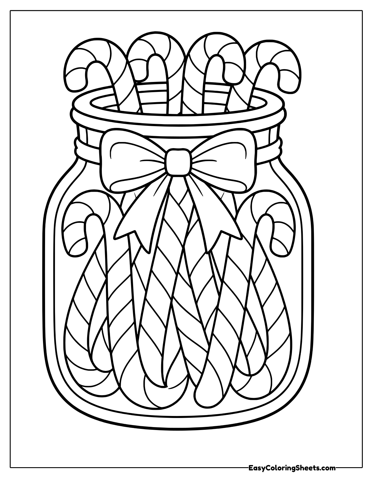 Jar full of candy canes tied with a big bow