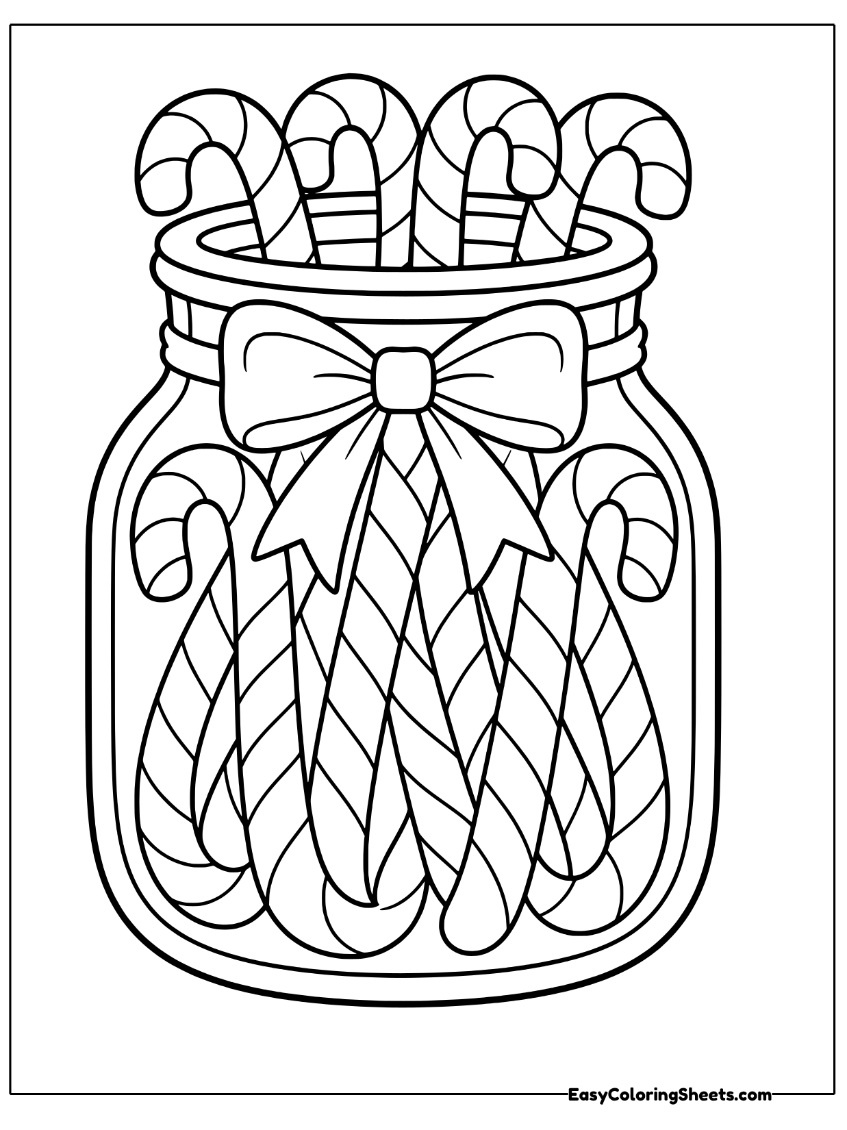 A glass jar filled with striped candy canes is tied with a big bow, with more candy canes hooked over the rim.