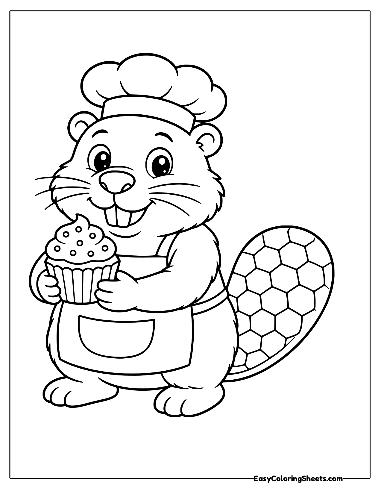 Beaver chef in a hat and apron holding a frosted cupcake