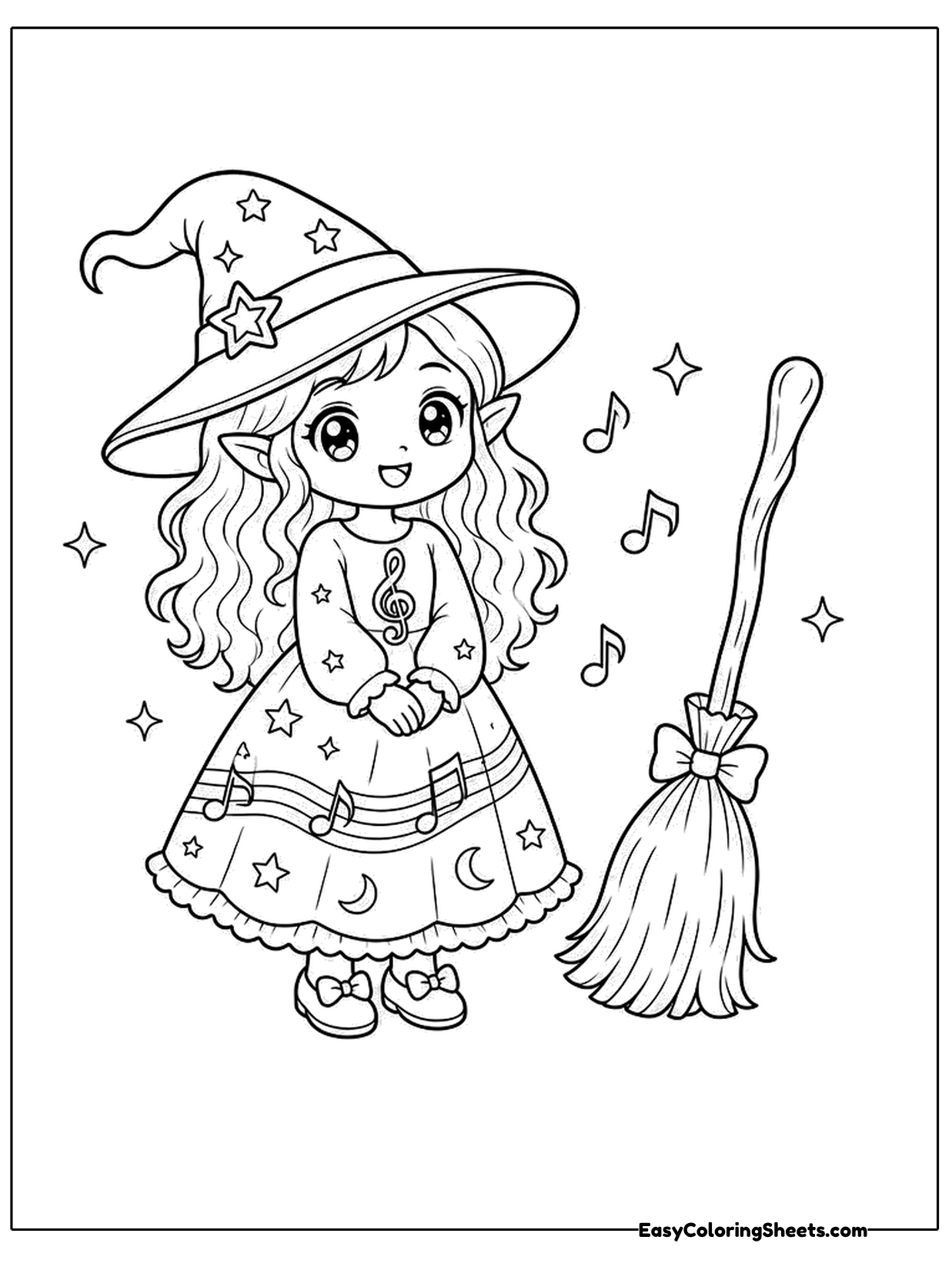 A girl with curly hair wears a tall pointed hat and a star patterned dress, with a broom beside her.