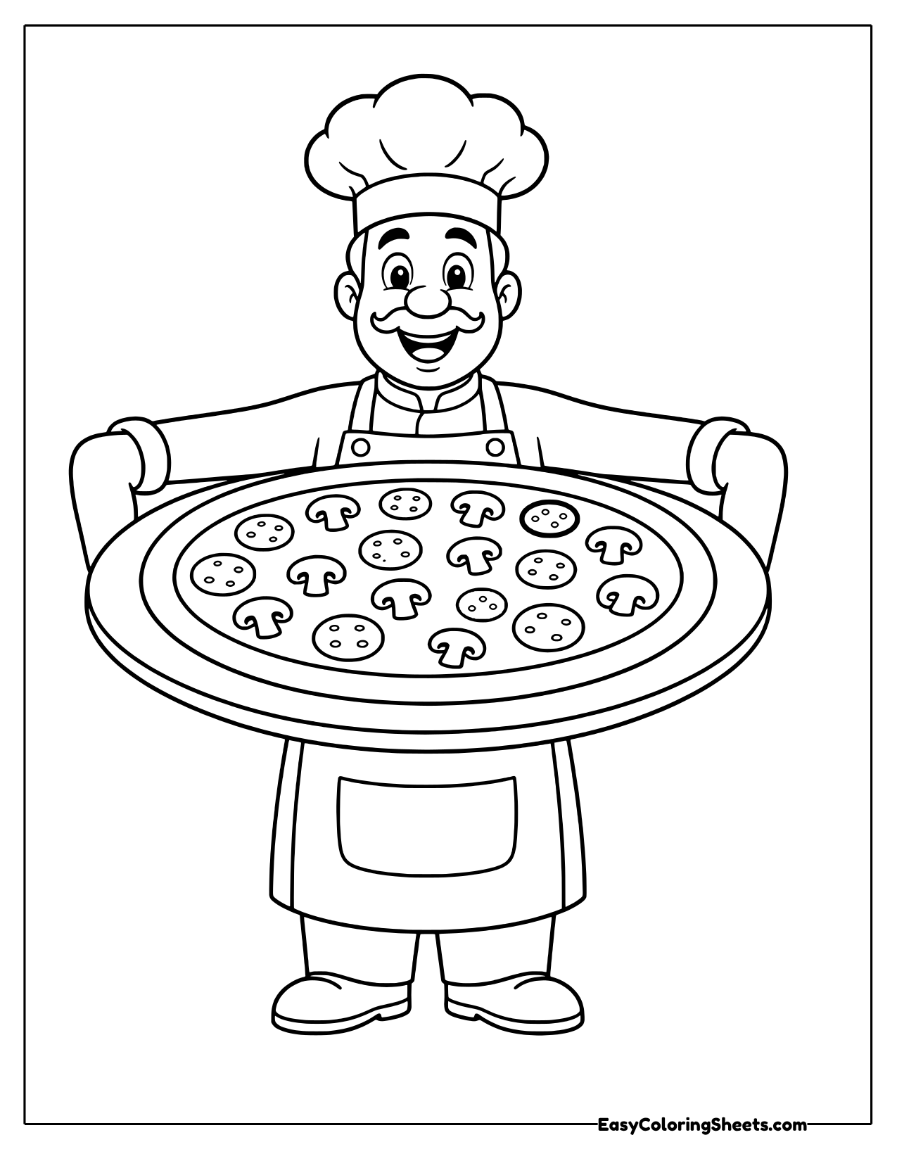 Smiling chef with a mustache holding a huge pepperoni and mushroom pizza on a wide tray