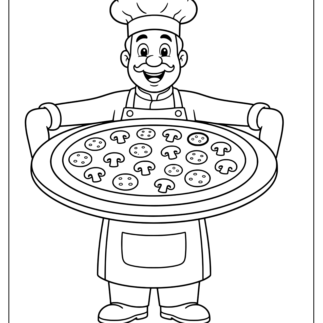 Smiling chef with a mustache holding a huge pepperoni and mushroom pizza on a wide tray