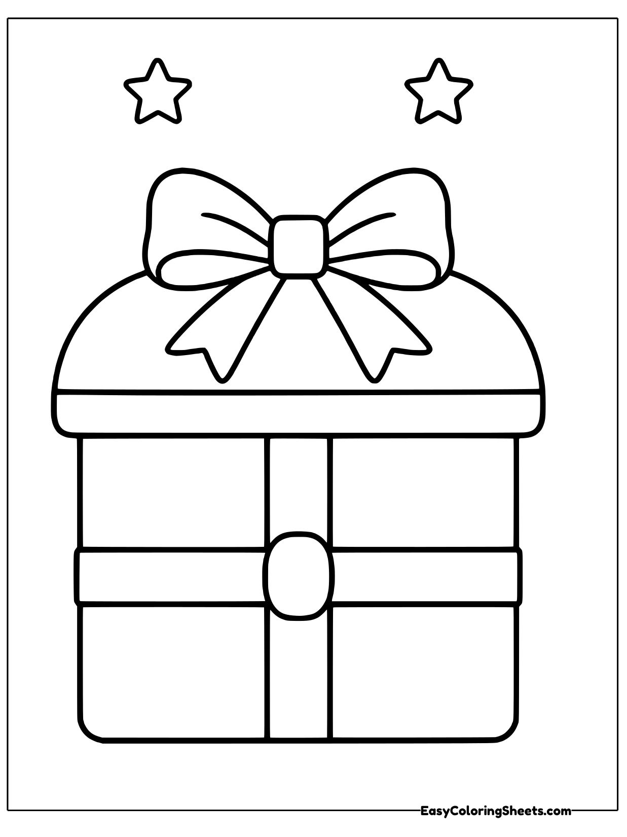 A wide gift box with a rounded lid is tied with a ribbon and bow, with two stars twinkling above.
