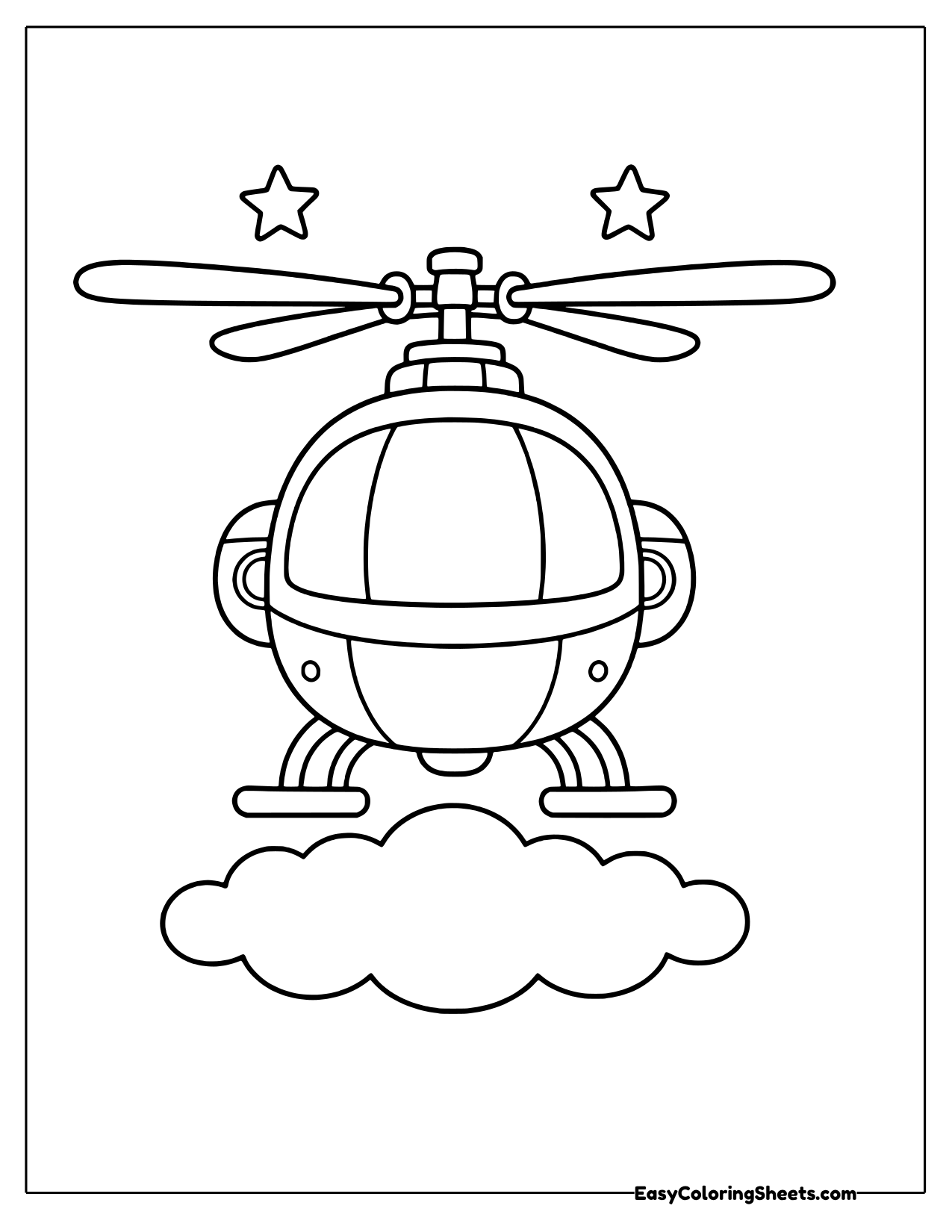 Front view of a round helicopter resting on a fluffy cloud with two stars