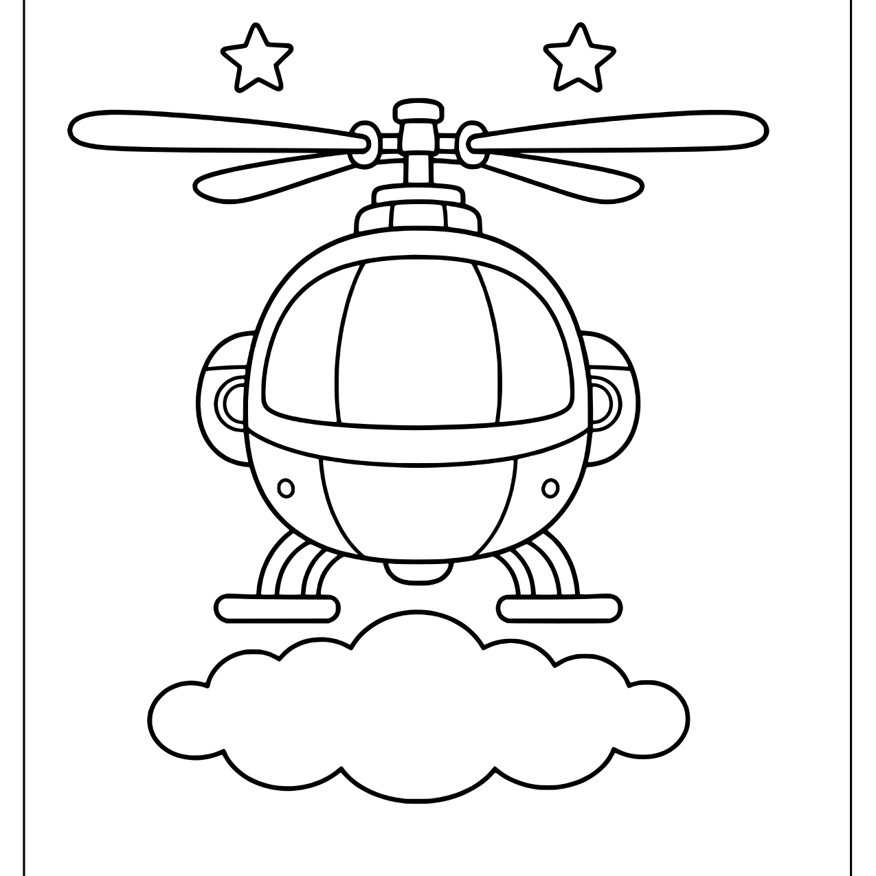 Front view of a round helicopter resting on a fluffy cloud with two stars