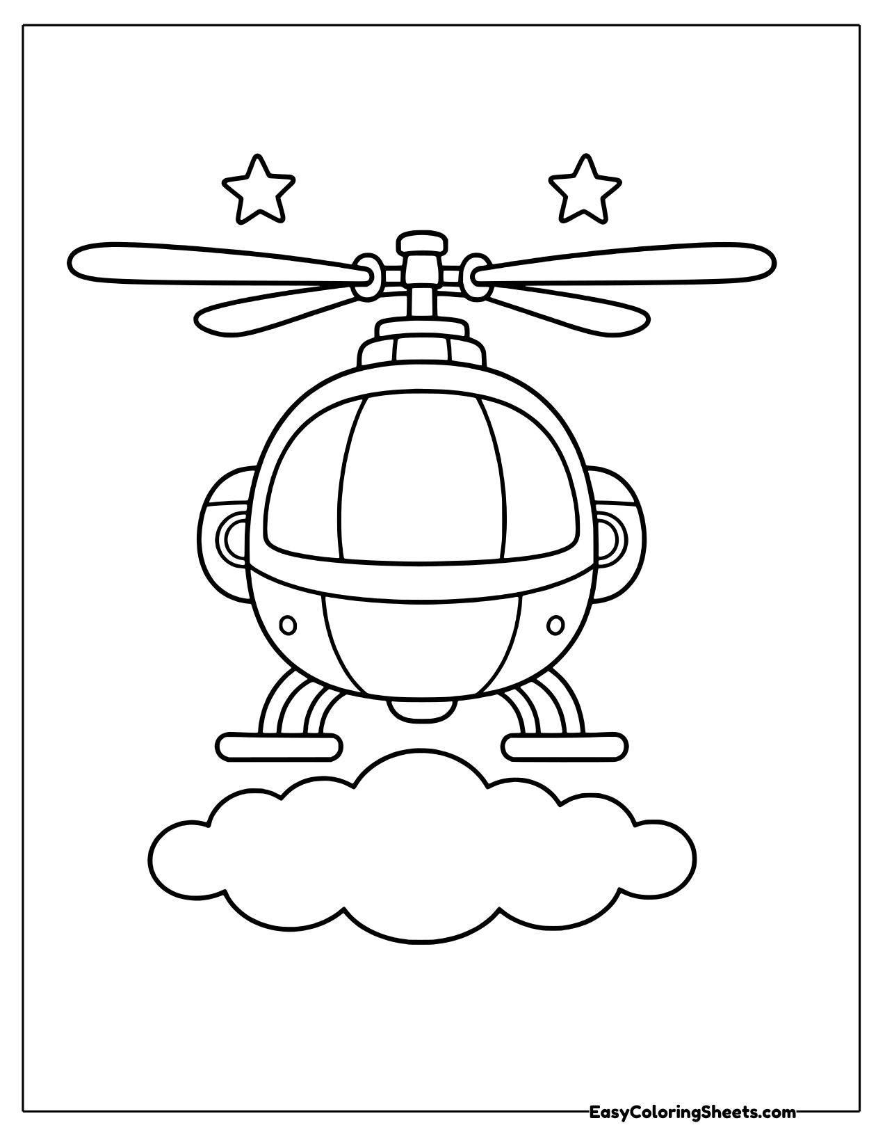 Front view of a round helicopter resting on a fluffy cloud with two stars