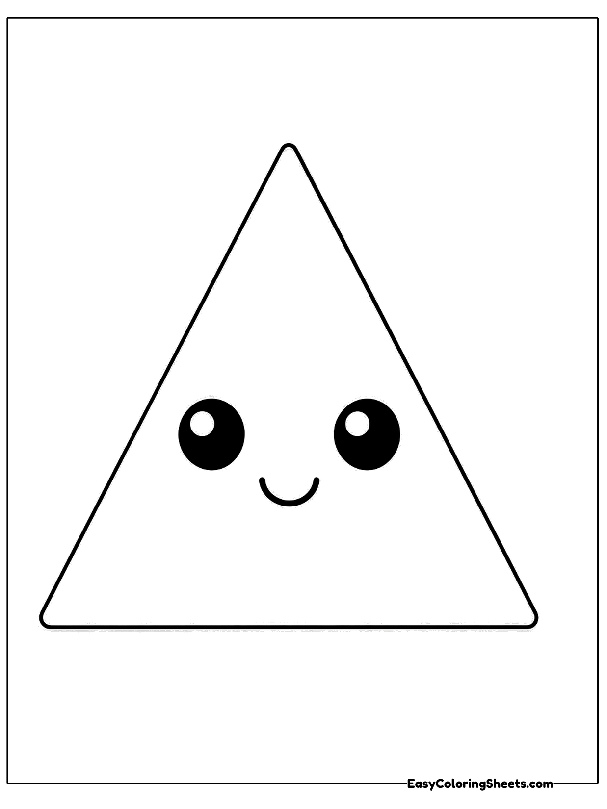 A tall triangle with a friendly face sits in the middle of this shape practice sheet.