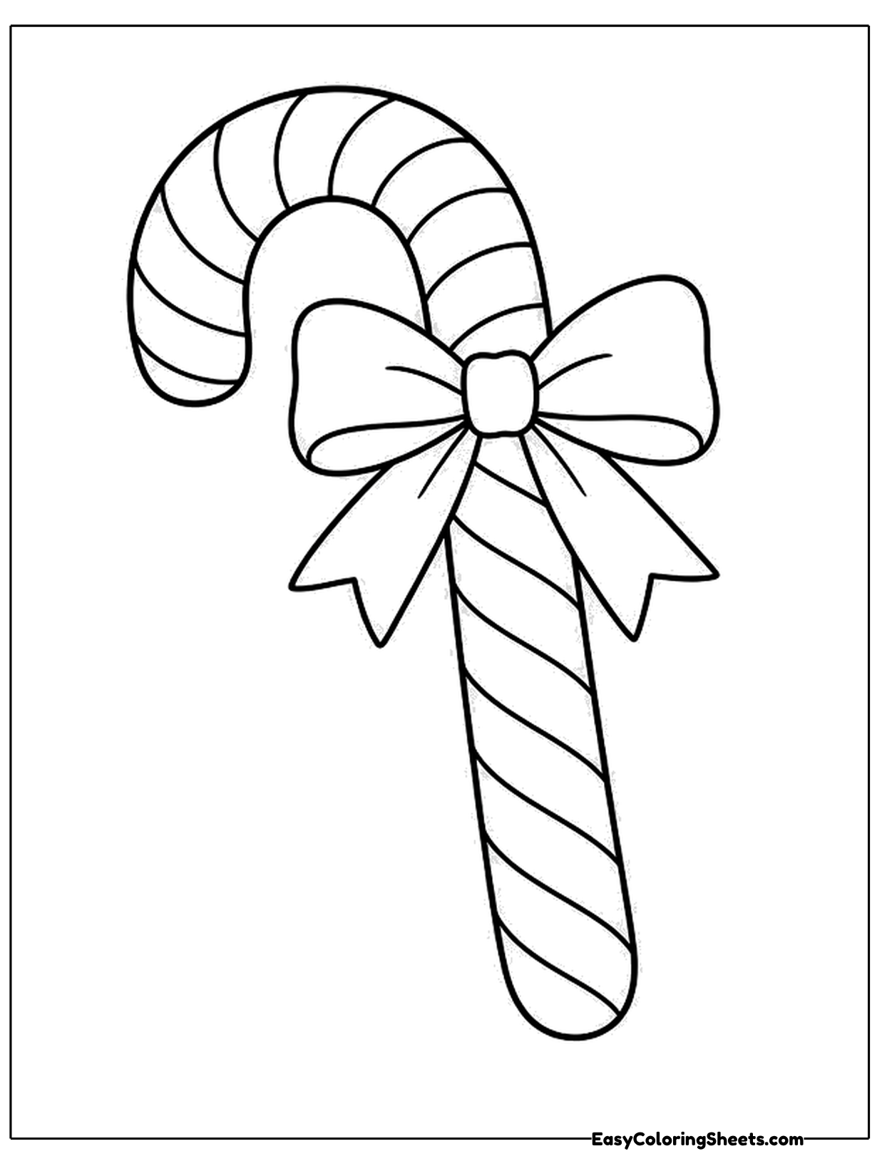 A candy cane is tied in the middle with a big floppy bow that has long trailing ribbons.